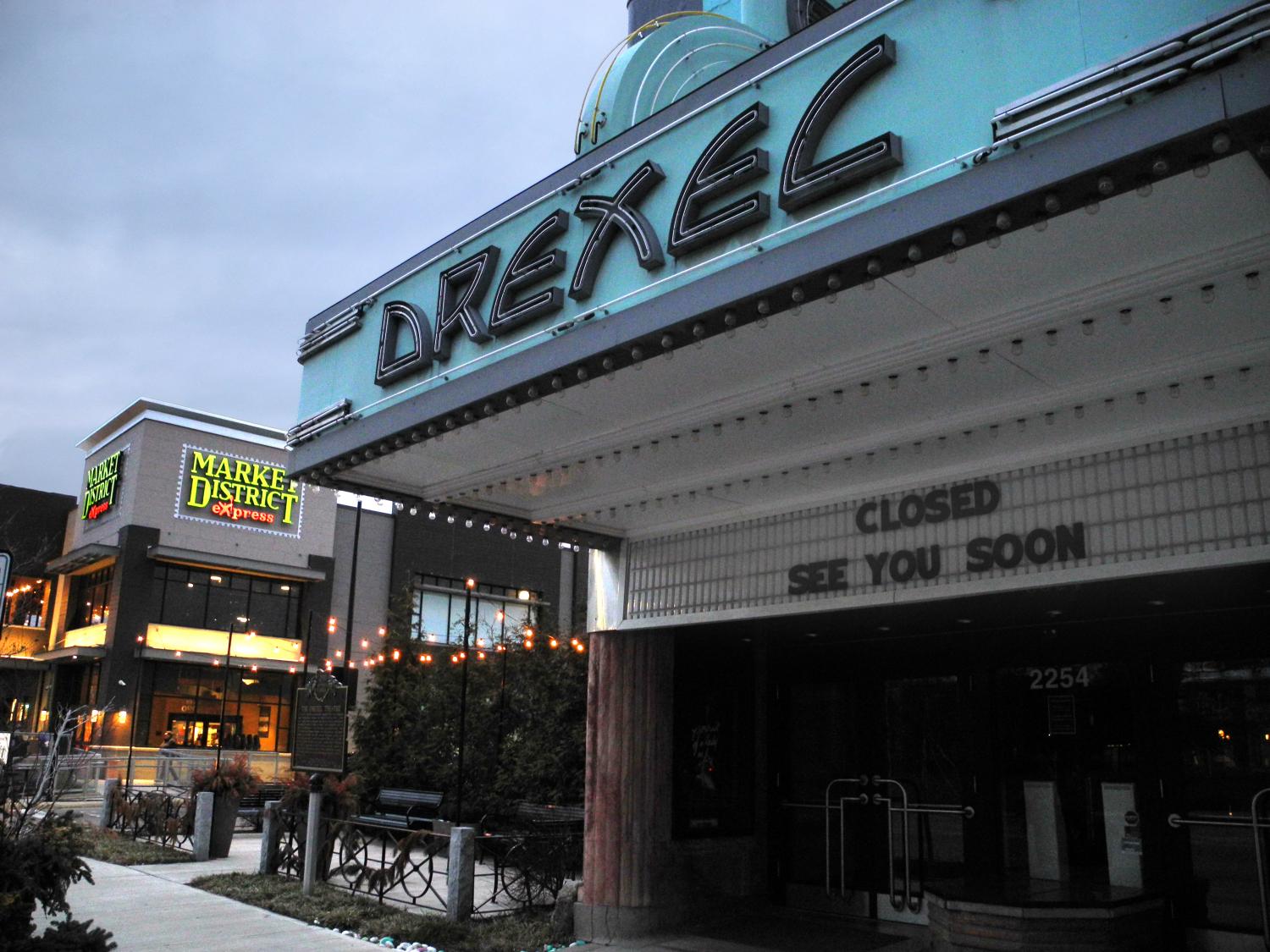 Photo of Drexel Theater with Marquee Reading "Closed, See You Soon"